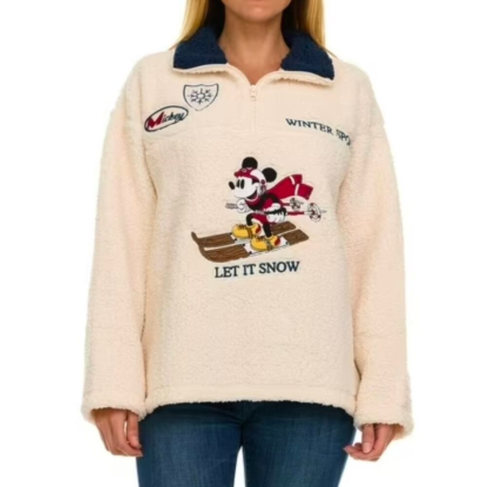 Sz Med DISNEY Cream Mickey Mouse Skiing Cloud Sherpa Fleece 1/4 Zip Jackets